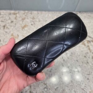 Chanel Black Quilted Leather Sunglasses Case Silver CC Logo Hard Shell Eyewear